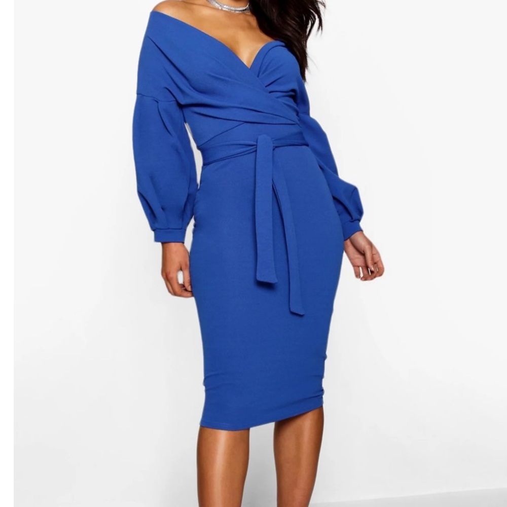 Boohoo off the shoulder wrap dress